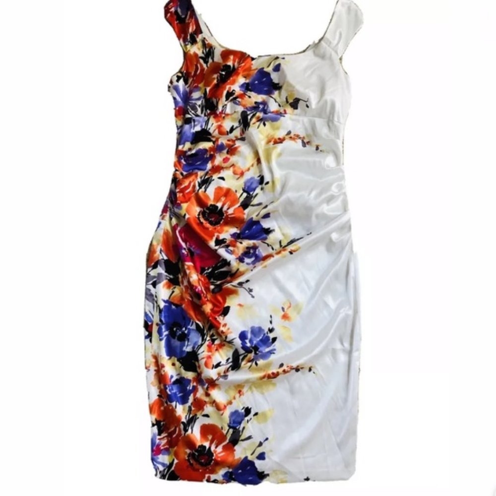 Sold- Suite 7 Cream Floral Satiny Shirred Midi Dress NWT